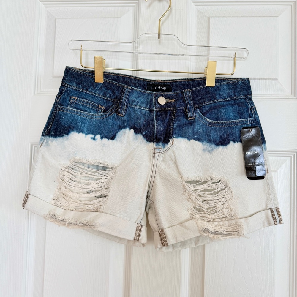 💙 Bebe Blue White Ombré Tie-Dye Two-Tone Distressed Cut-Off Denim Jean Short